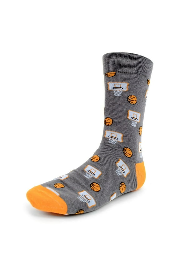 Men's Novelty Fun Crew Socks for Dress or Casual - Basketball in Grey with Orange