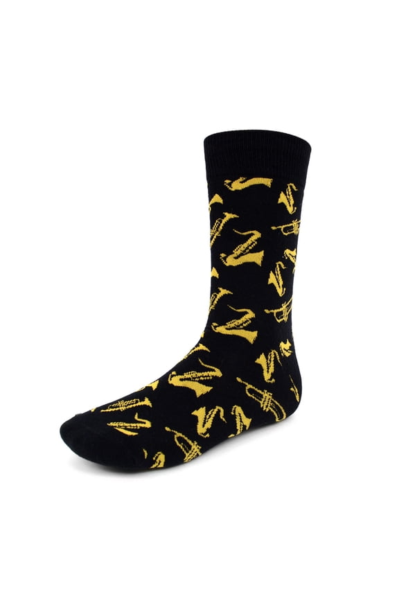 Men's Novelty Fun Crew Socks for Dress or Casual - Brass Instruments - Black