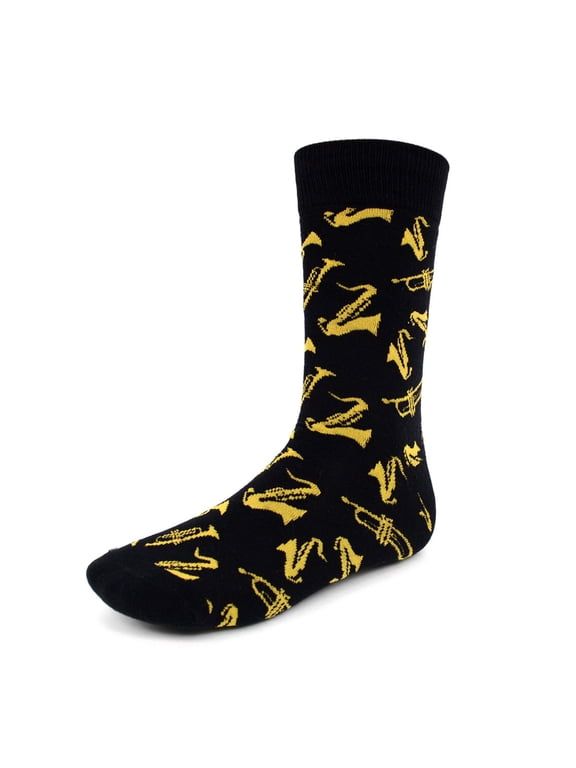 Men's Novelty Fun Crew Socks for Dress or Casual - Brass Instruments - Black