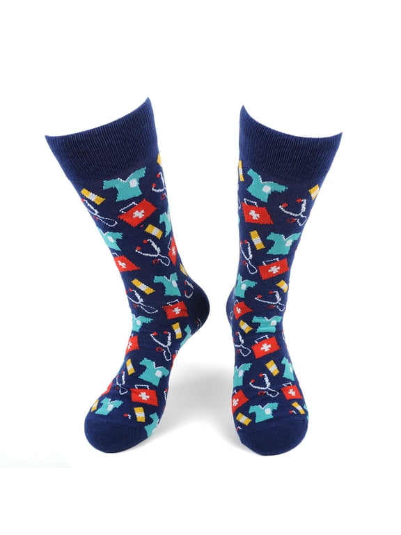 Men's Novelty Fun Crew Socks for Dress or Casual - Doctor & Nurse - Navy