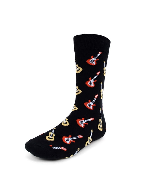 Men's Novelty Fun Crew Socks for Dress or Casual - Guitars - Black