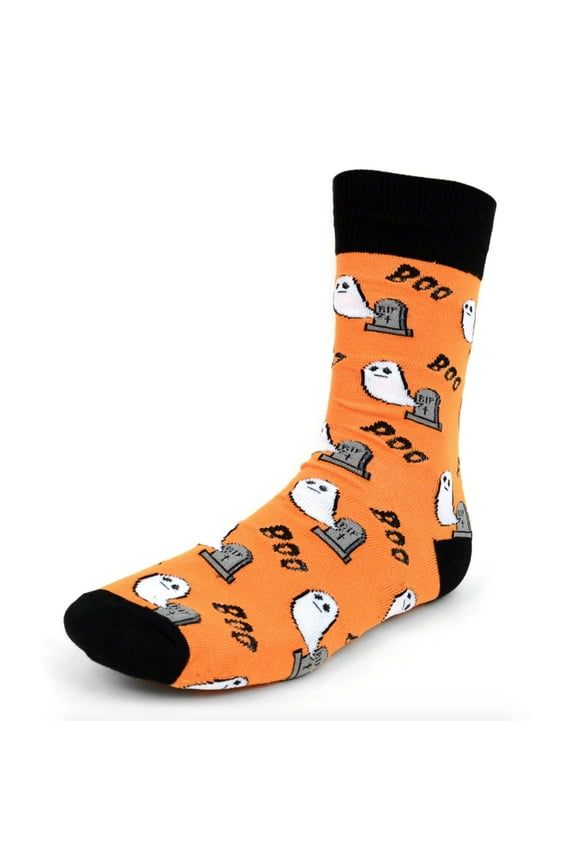 Men's Novelty Fun Crew Socks for Dress or Casual - Halloween Ghosts - Orange