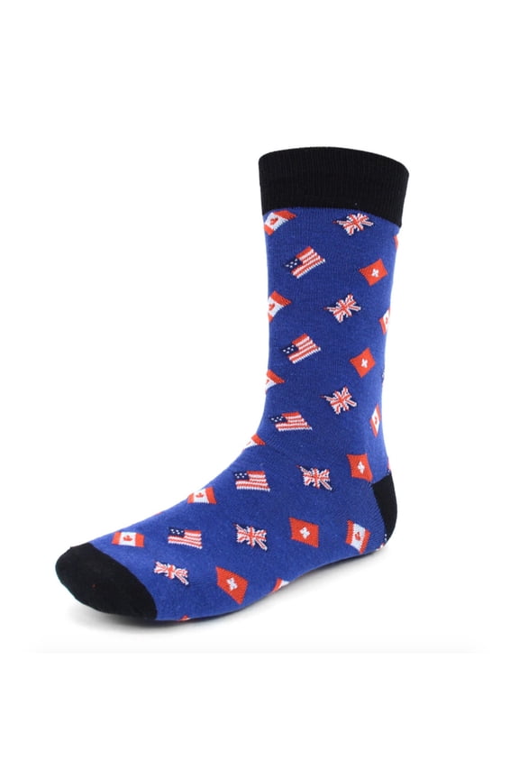 Men's Novelty Fun Crew Socks for Dress or Casual - International Flags - Blue with Black