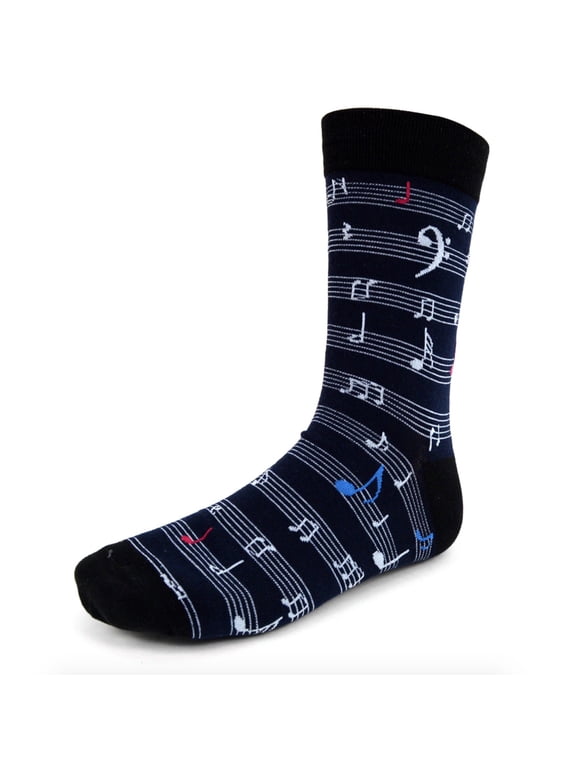 Men's Novelty Fun Crew Socks for Dress or Casual - Music Sheet - Navy with Black Heel & Toe
