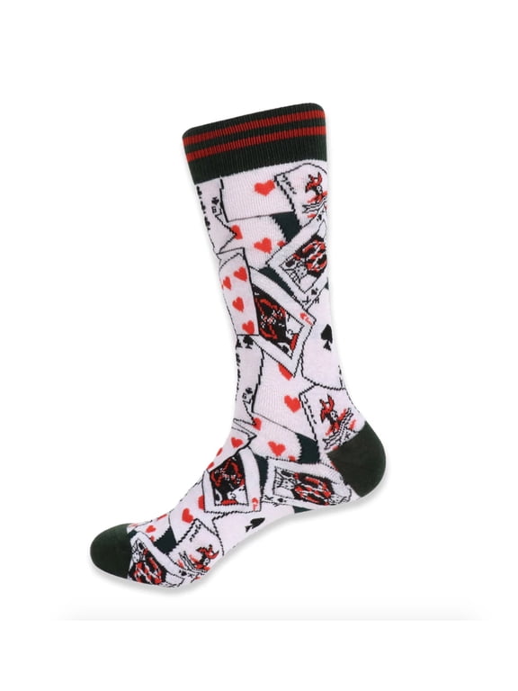 Men's Novelty Fun Crew Socks for Dress or Casual - Playing Cards - White with Green