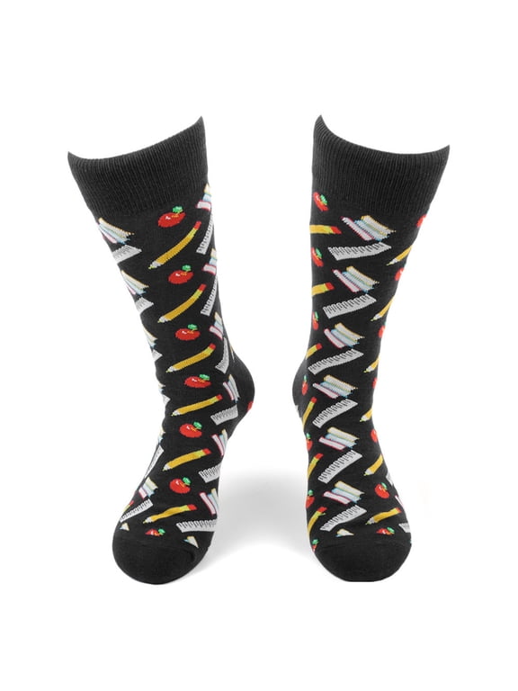Men's Novelty Fun Crew Socks for Dress or Casual - School Supplies - Black
