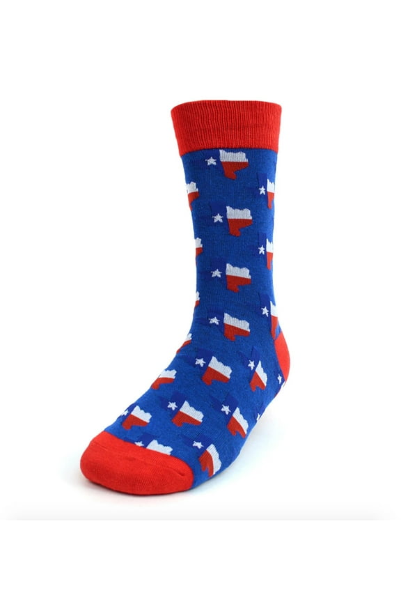 Men's Novelty Fun Crew Socks for Dress or Casual - Texas State - Blue with Red