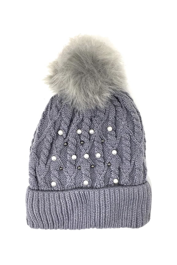 Soft Cable Knit Beanie Winter Hat with Pearl Beads & Warm Fleece Lining & Pom Pom - Grey