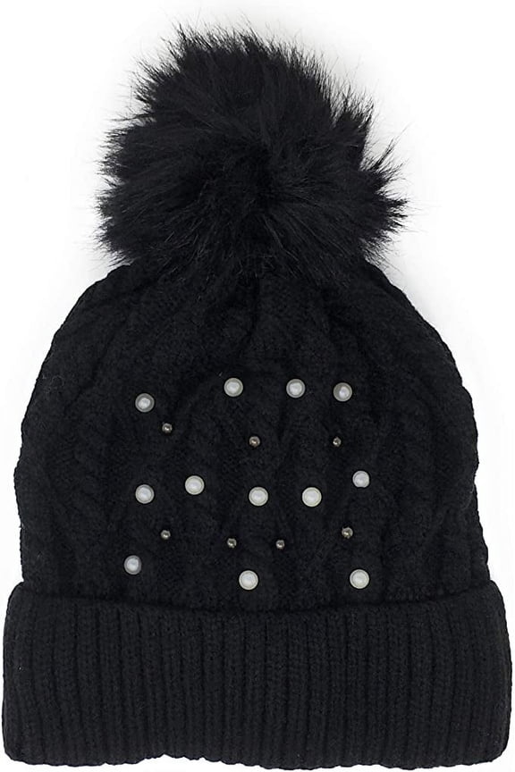 Trendy Chunky Soft Stretch Cable Knit Beanie Hat with Pearlized Beads & Warm Fleece Lining & Pom Pom - Black