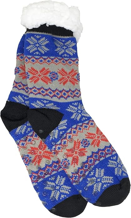 Urban-Peacock Women's Plush Knitted Fleece Sherpa Lined Non-Slip Slipper Socks - Style D: Grey, Blue, Red