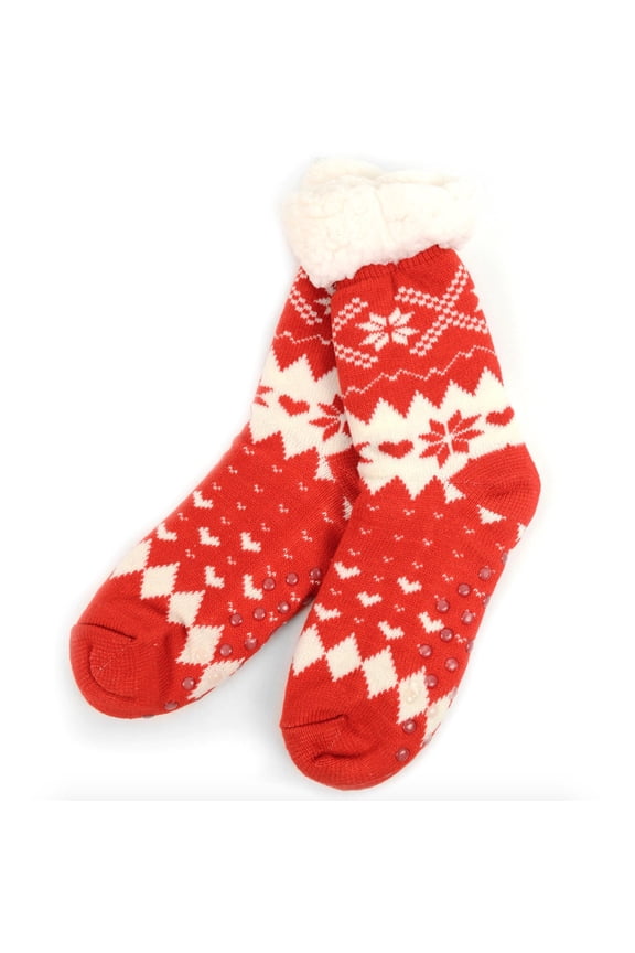 Women's Plush Knitted Fleece Sherpa Lined Slipper Socks - Red Snowflakes and Hearts