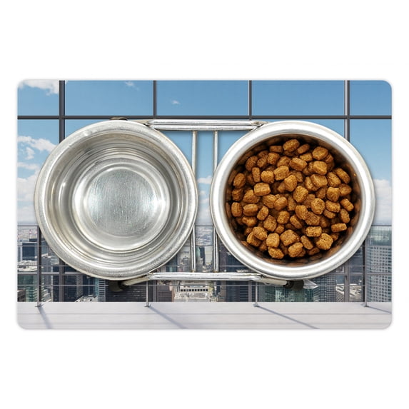 Urban Pet Mat for Food and Water, Modern Office Work Place View to City Architecture Contemporary Plan, Non-Slip Rubber Mat for Dogs and Cats, 18" X 12", by Ambesonne