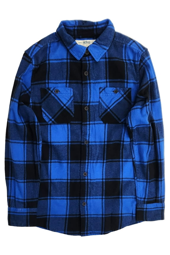 Boys Black & Blue Plaid Long Sleeve Button Shirt Medium