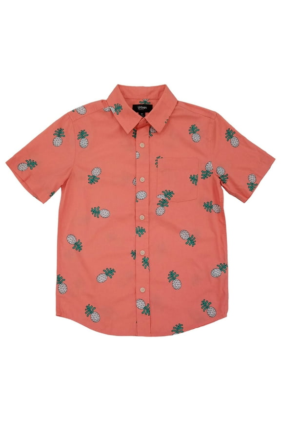 Boys Coral Pineapple Short Sleeve Button-Down Poplin Shirt S
