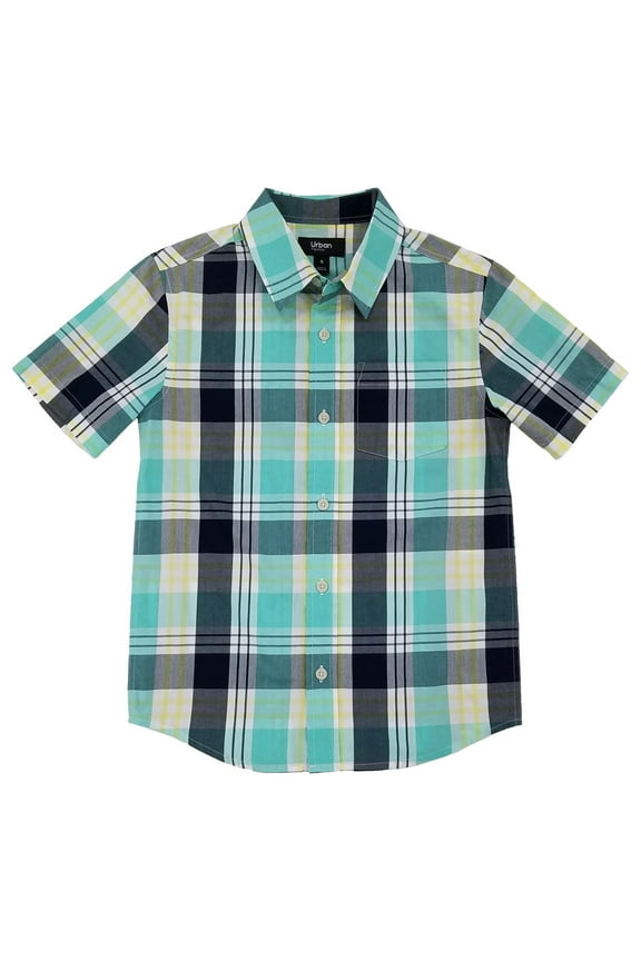 Boys Teal Plaid Short Sleeve Button-Down Poplin Shirt X-Large