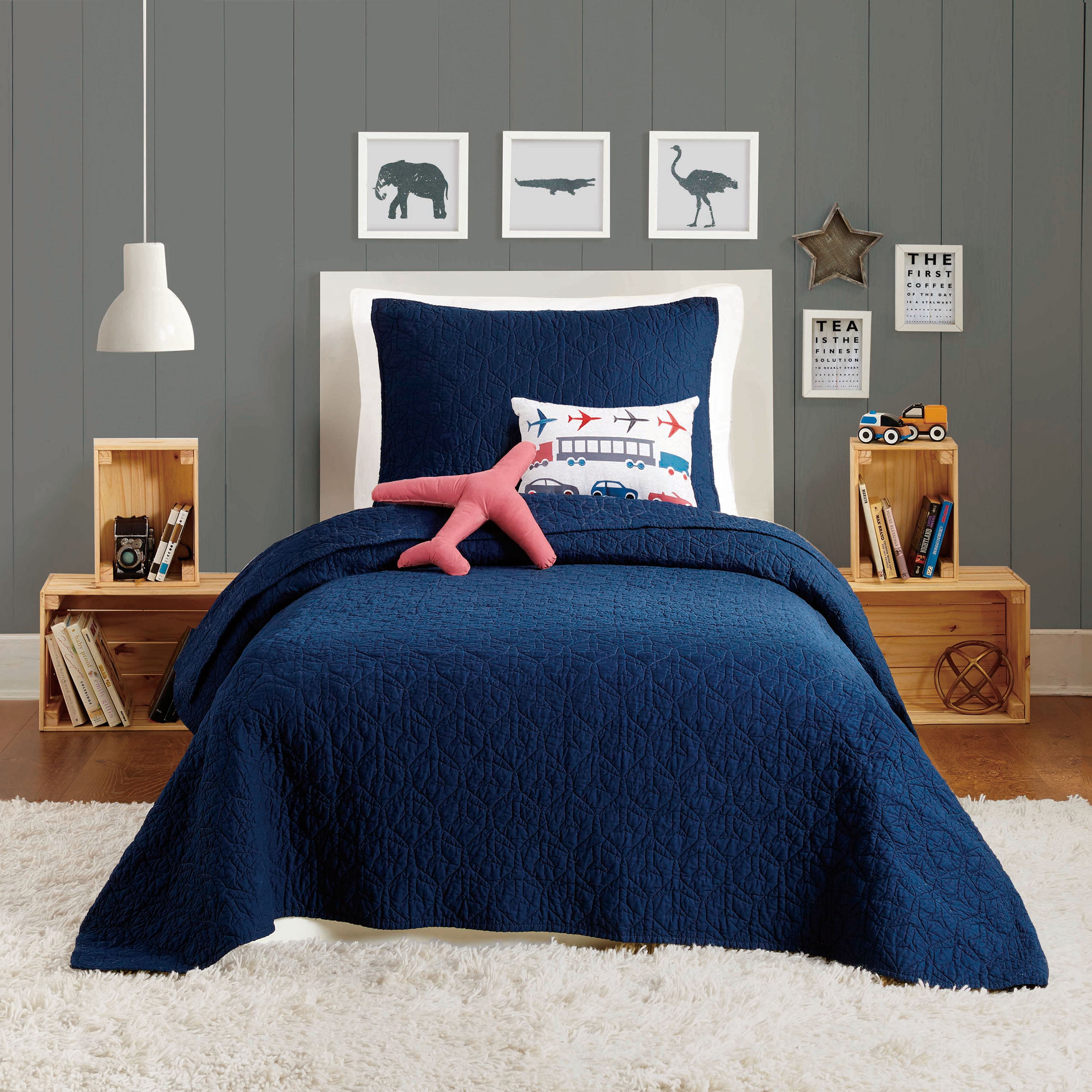 Navy Blue Cotton Twin Airplane Quilt Set with Decorative Pillows