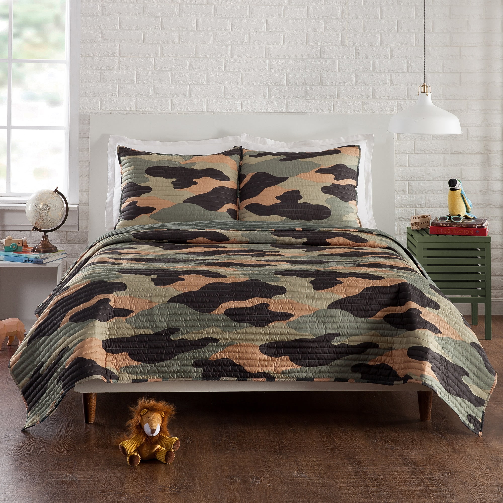 Twin Gray and Green Reversible Microfiber Quilt Set