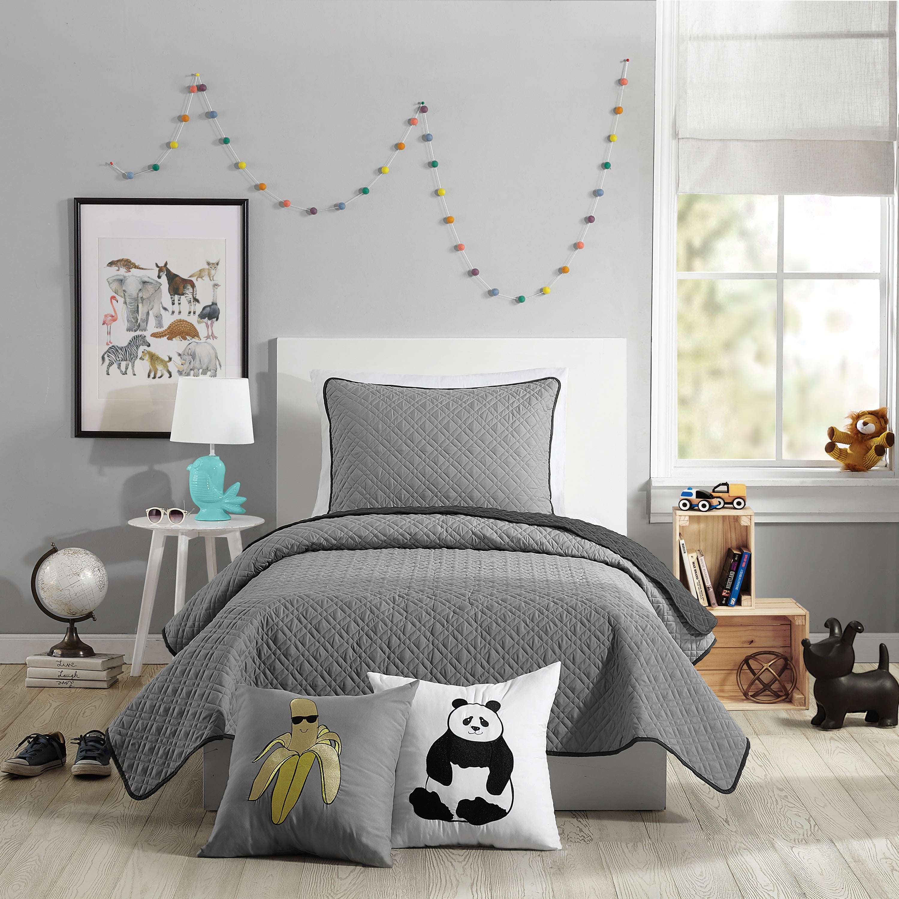 Full Gray Reversible Microfiber Kids Quilt Set