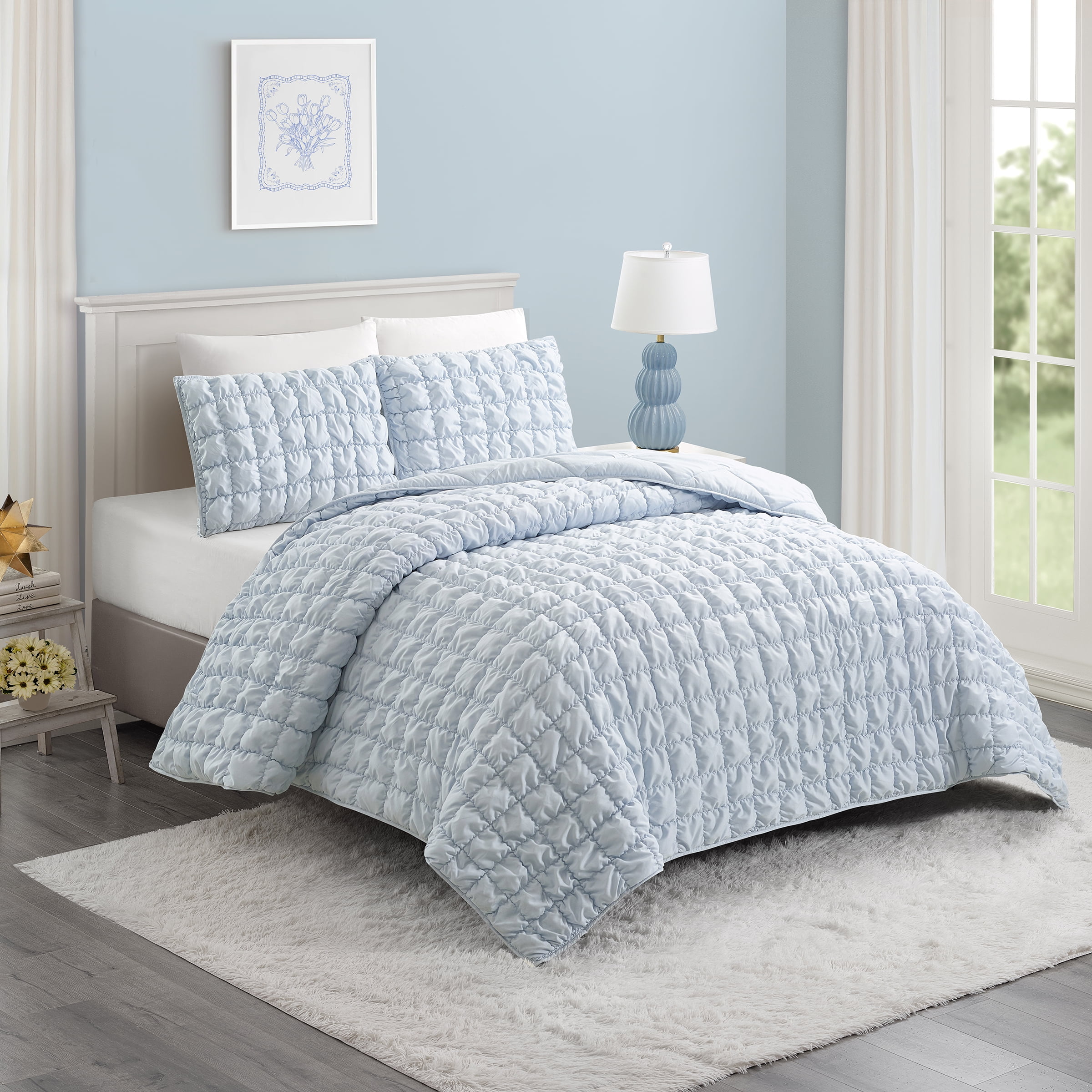 Urban Playground Kids and Teens Dreamy Clouds Marshmallow Blue 3-Piece Solid Quilt Set, Full/Queen