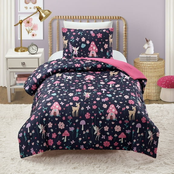 Urban Playground Kids Fairy Garden 2-Piece Comforter Set, Navy/Pink, T/TXL