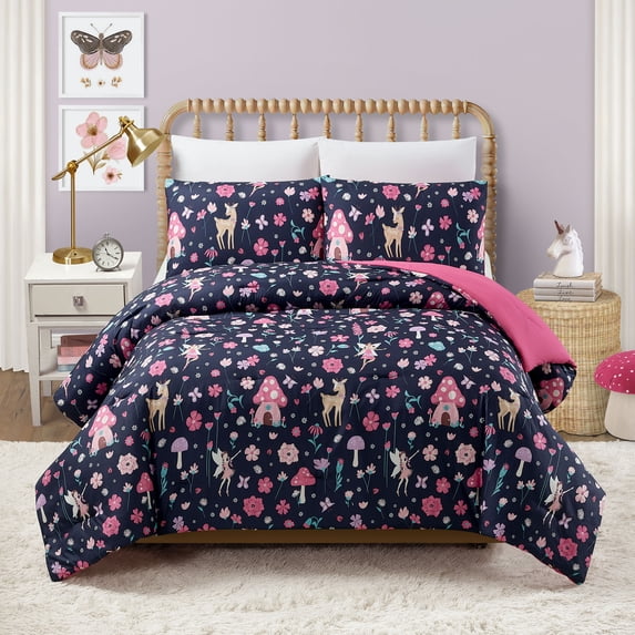 Urban Playground Kids Fairy Garden 3-Piece Comforter Set, Navy/Pink, Full/Queen