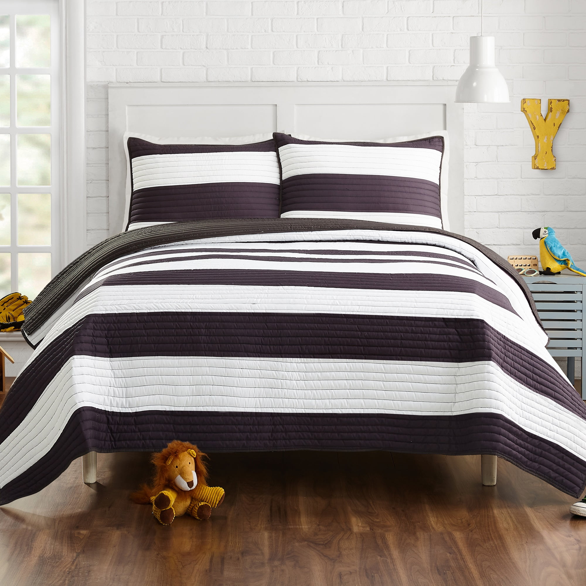 Urban Playground Kids and Teens Lavelle Stripe Black/White 3-Piece Quilt Set, Full/Queen