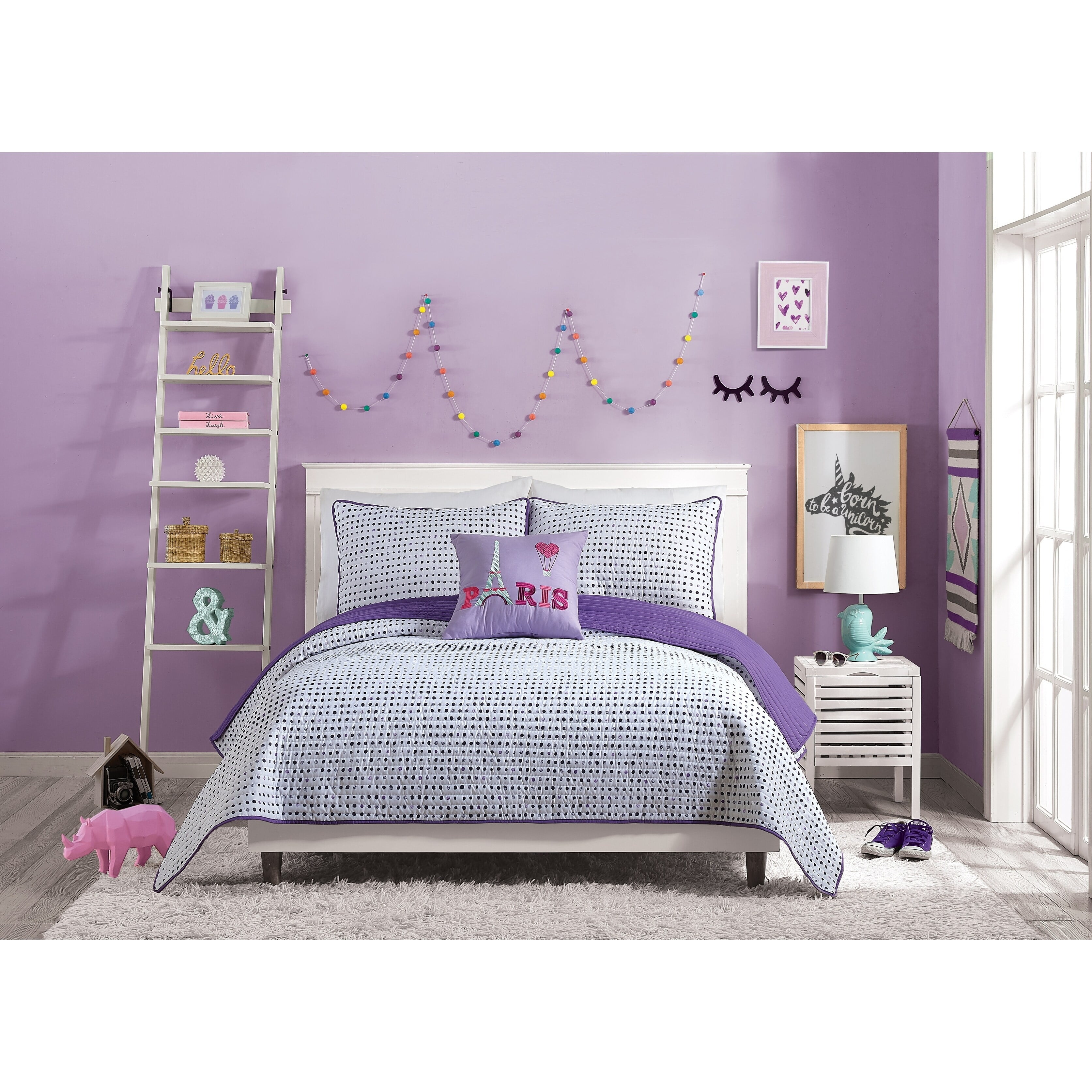 Full Purple Reversible Microfiber Girls' Quilt Set