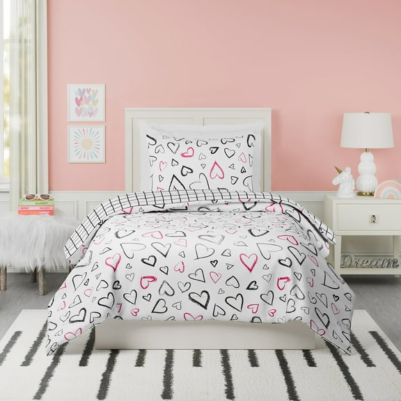 Urban Playground Kids and Teens Roxy Hearts Black and Pink 2-Piece Comforter Set, Twin/Twin XL