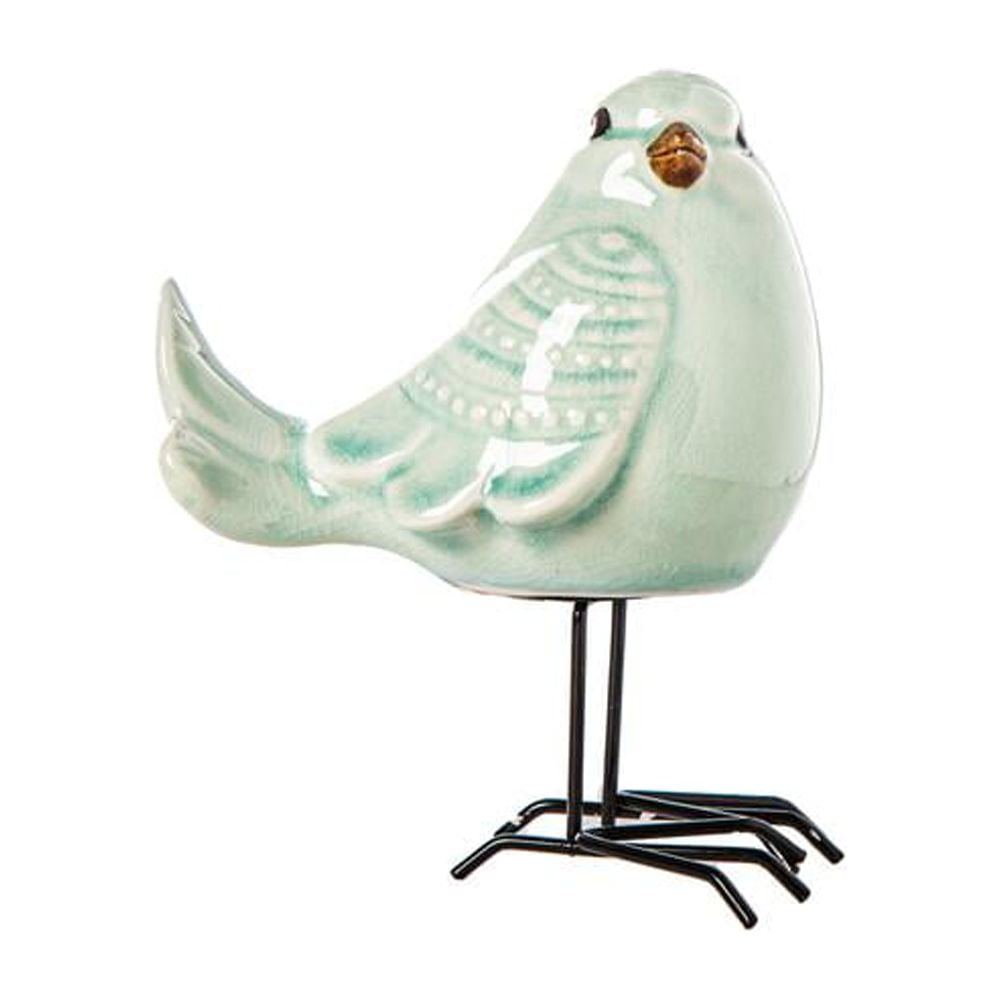 Glossy Baby Blue Porcelain Bird Figurine with Metal Legs