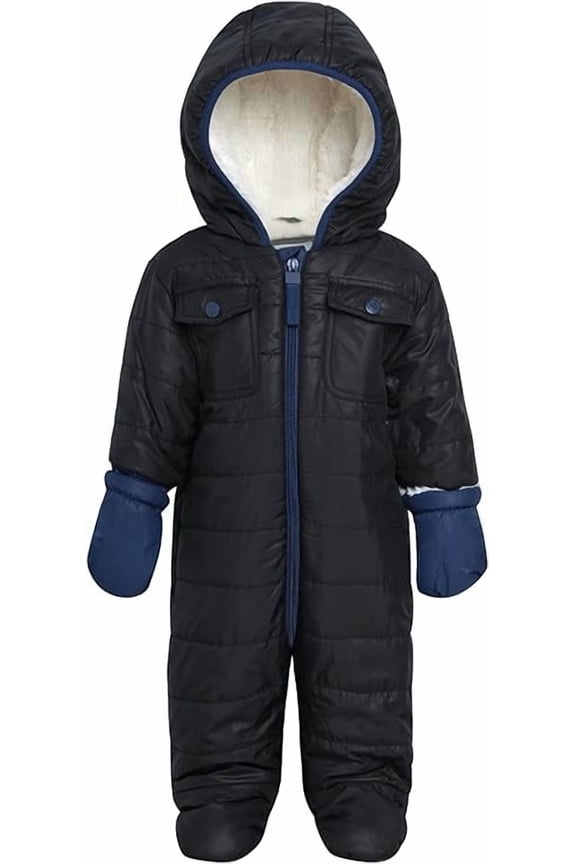 Baby Boys Snowsuit - One-Piece Full Sherpa Fleece Lined Infant Pram Quilted Baby Winter Suit (3M-9M)