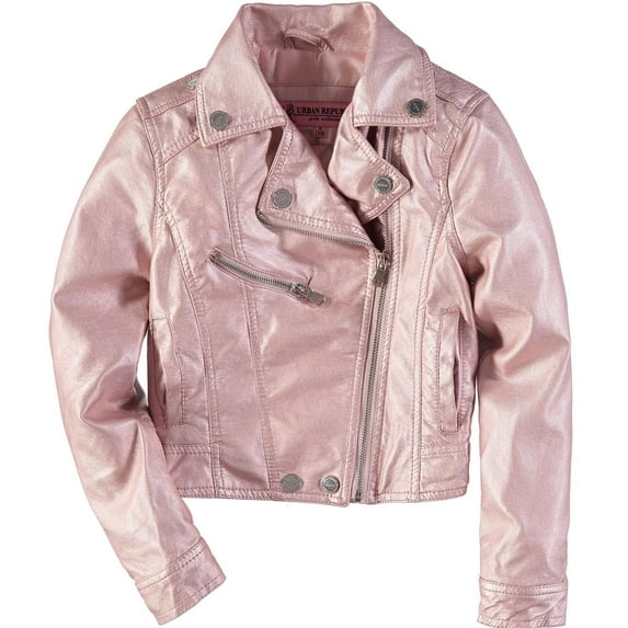 Urban Republic Girls 7-16 Metallic Moto Faux Leather Jacket(Pink 10/12)