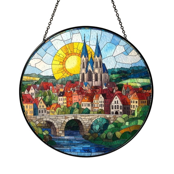 Urban Scene Stained Glass Window Panel – Decorative Window Accent