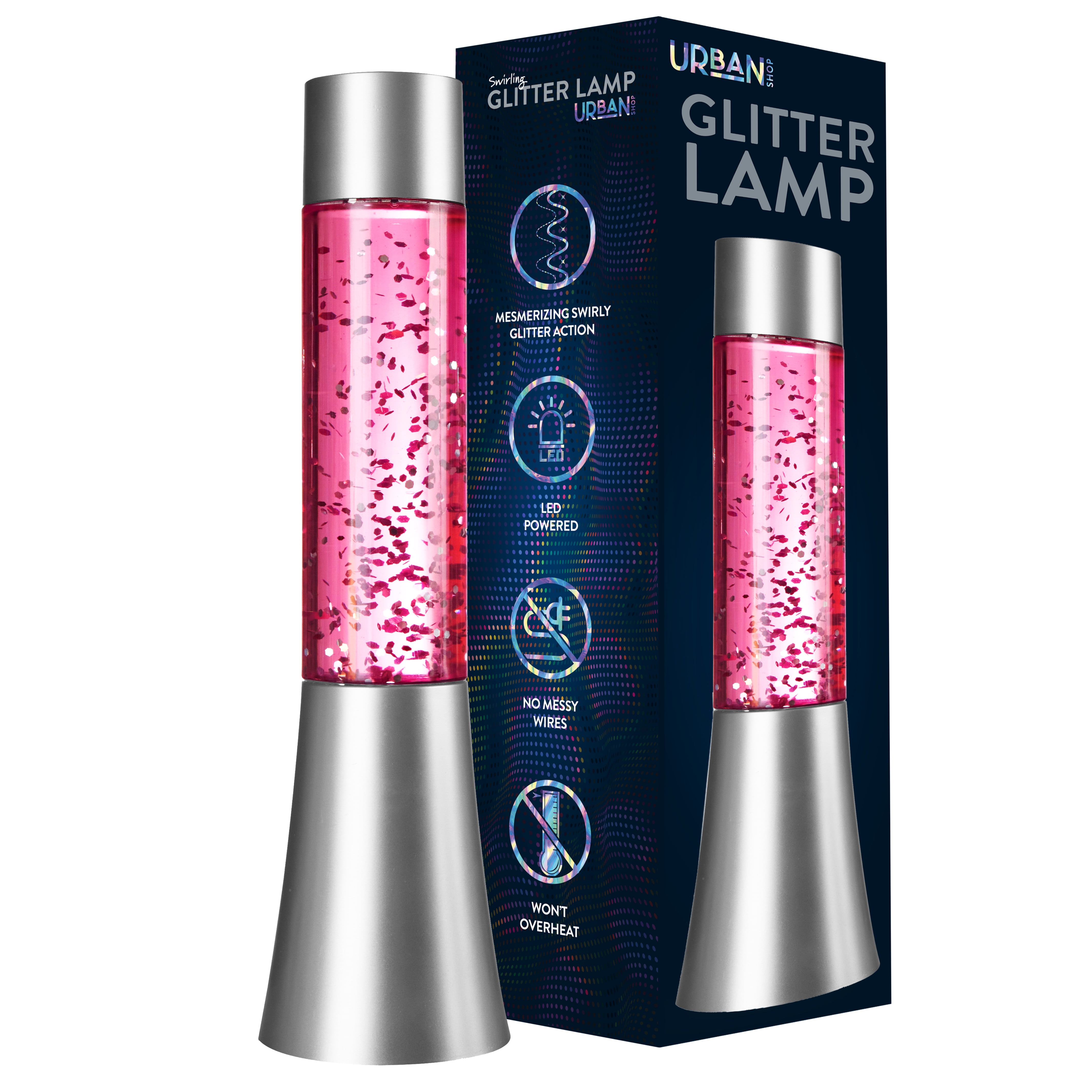 Urban Shop 13" Color Changing LED Glitter Lamp, Pink, Battery-Operated, Silver Metal Base