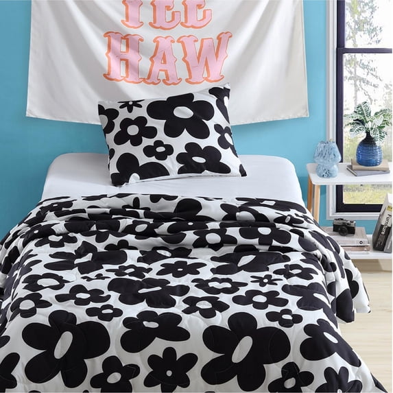 Urban Shop 2-Piece Black & White Textured Floral Teen Comforter Set, Twin/TXL