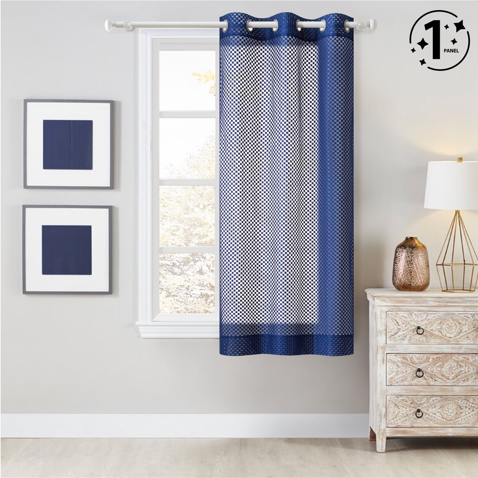 Urban Shop 38" x 63" Sheer Light-Filtering Single Curtain Panel, Navy Colorblock