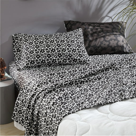 Urban Shop 8 Piece Black and White Floral Mix and Match Sheet Set, Full
