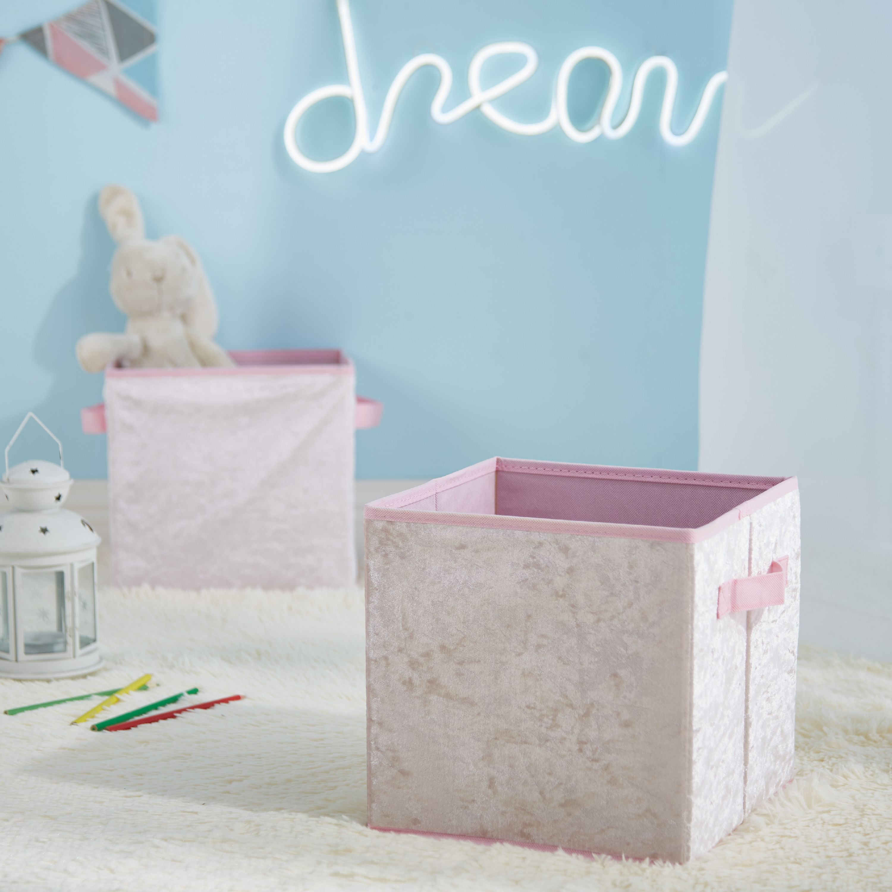 Urban Shop Crushed Velvet 2 Pack Collapsible Storage Cubes, Blush