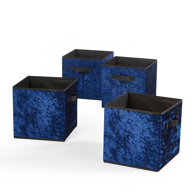 Urban Shop Crushed Velvet 4 pack Collapsible Storage Cubes, Navy