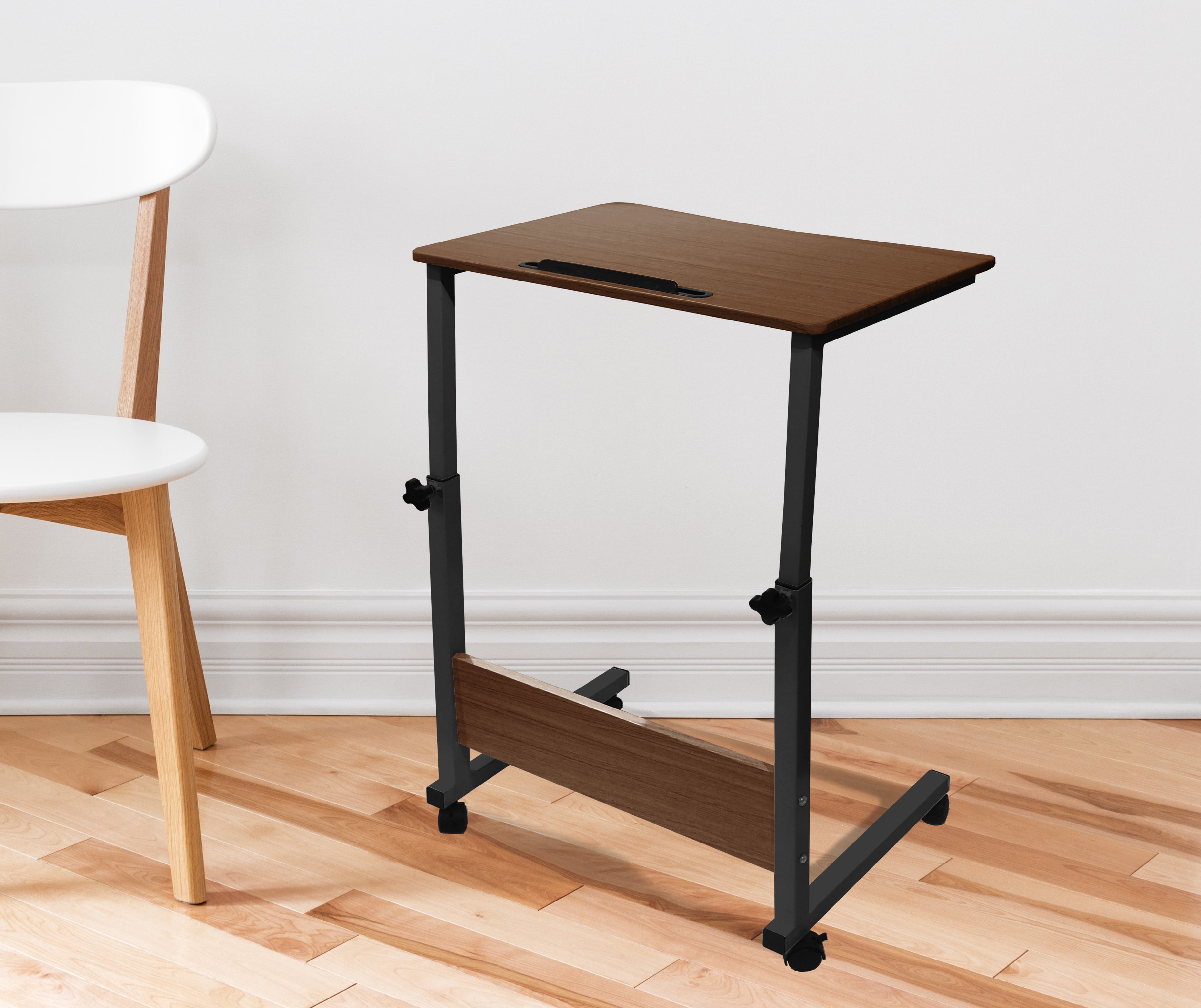 Modern Dark Wood Adjustable Laptop Cart with Black Frame