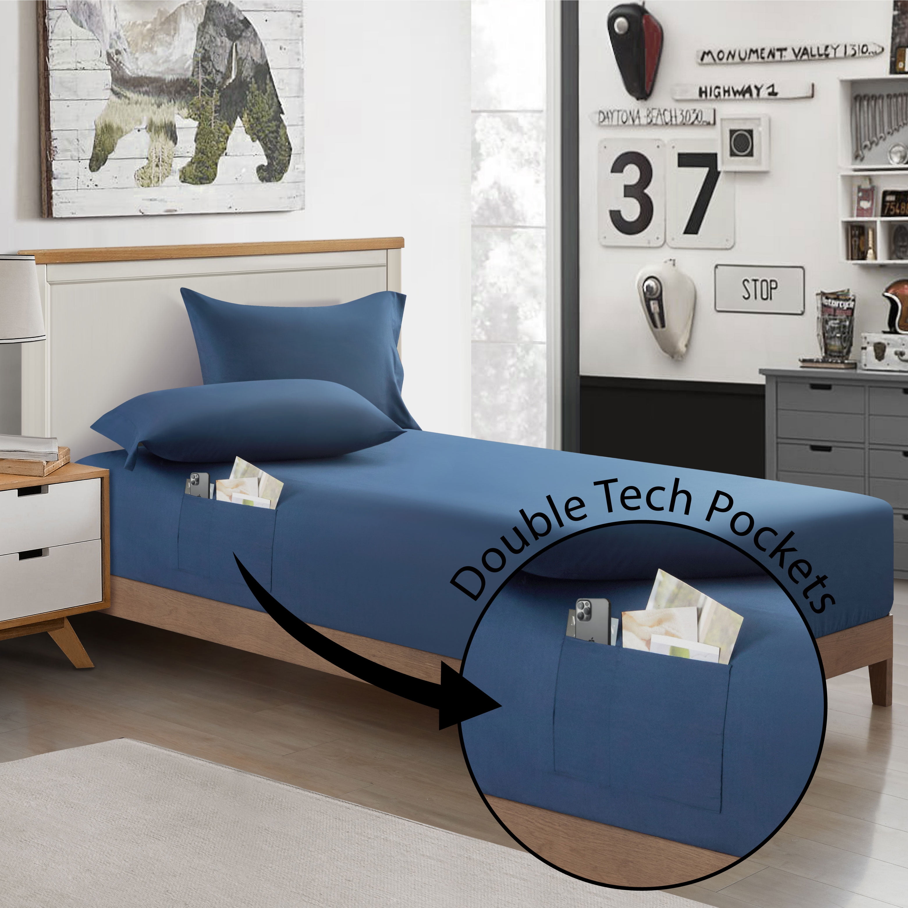 Urban Shop Double Sided Tech Pocket Fitted Sheet with Pillowcase, Full, Navy