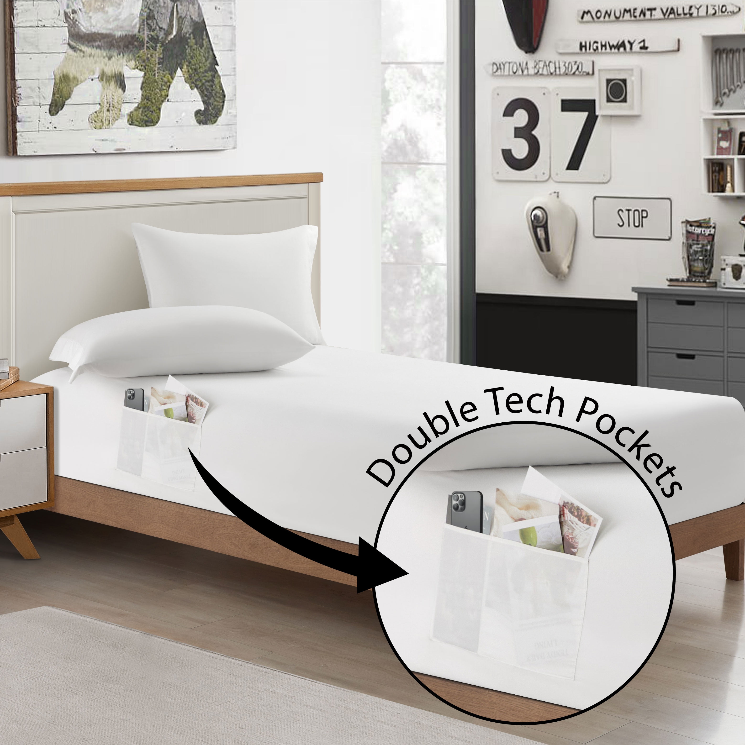 Urban Shop Double Sided Tech Pocket Fitted Sheet with Pillowcase, Full, White