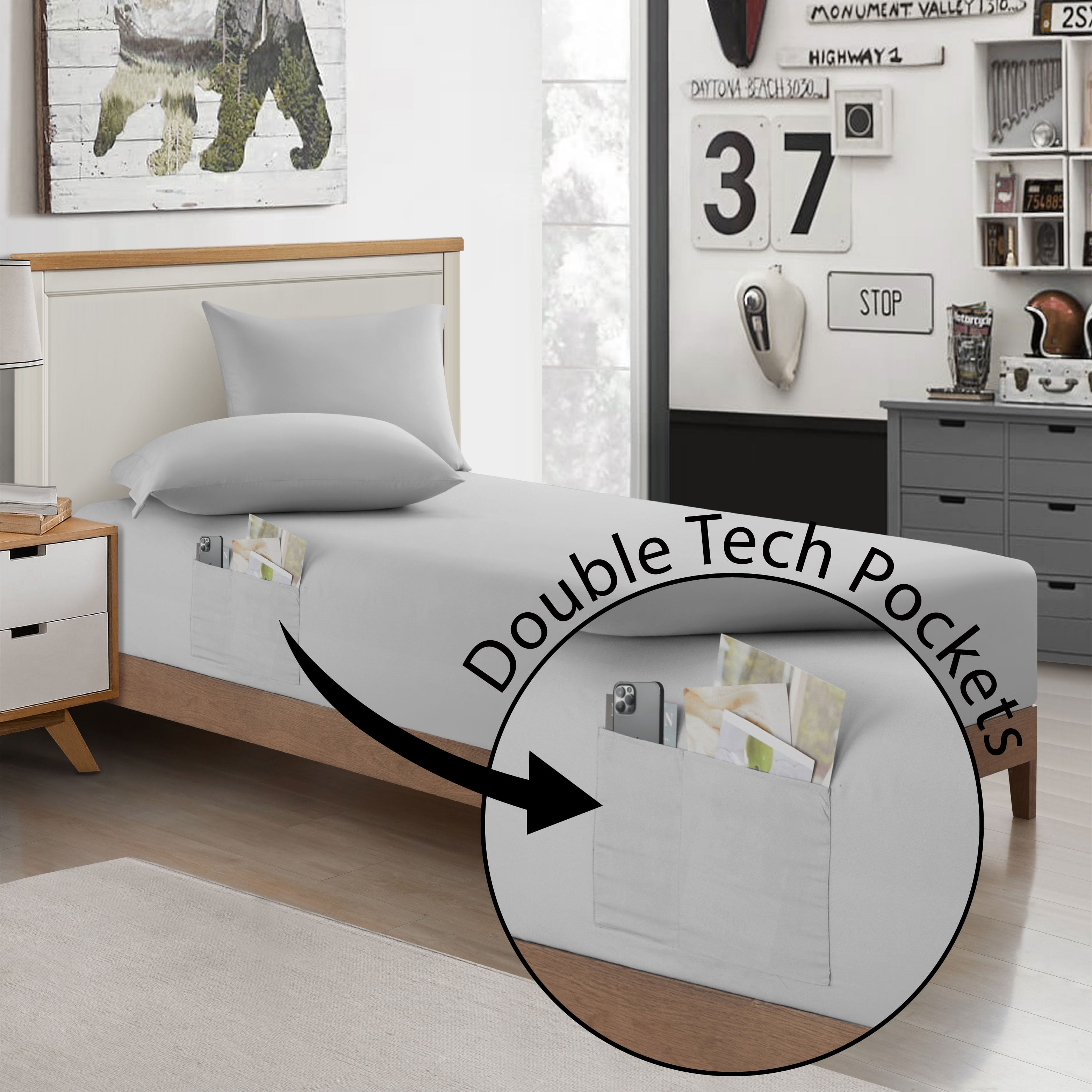 Urban Shop Double Sided Tech Pocket Fitted Sheet with Pillowcase, Queen, Grey
