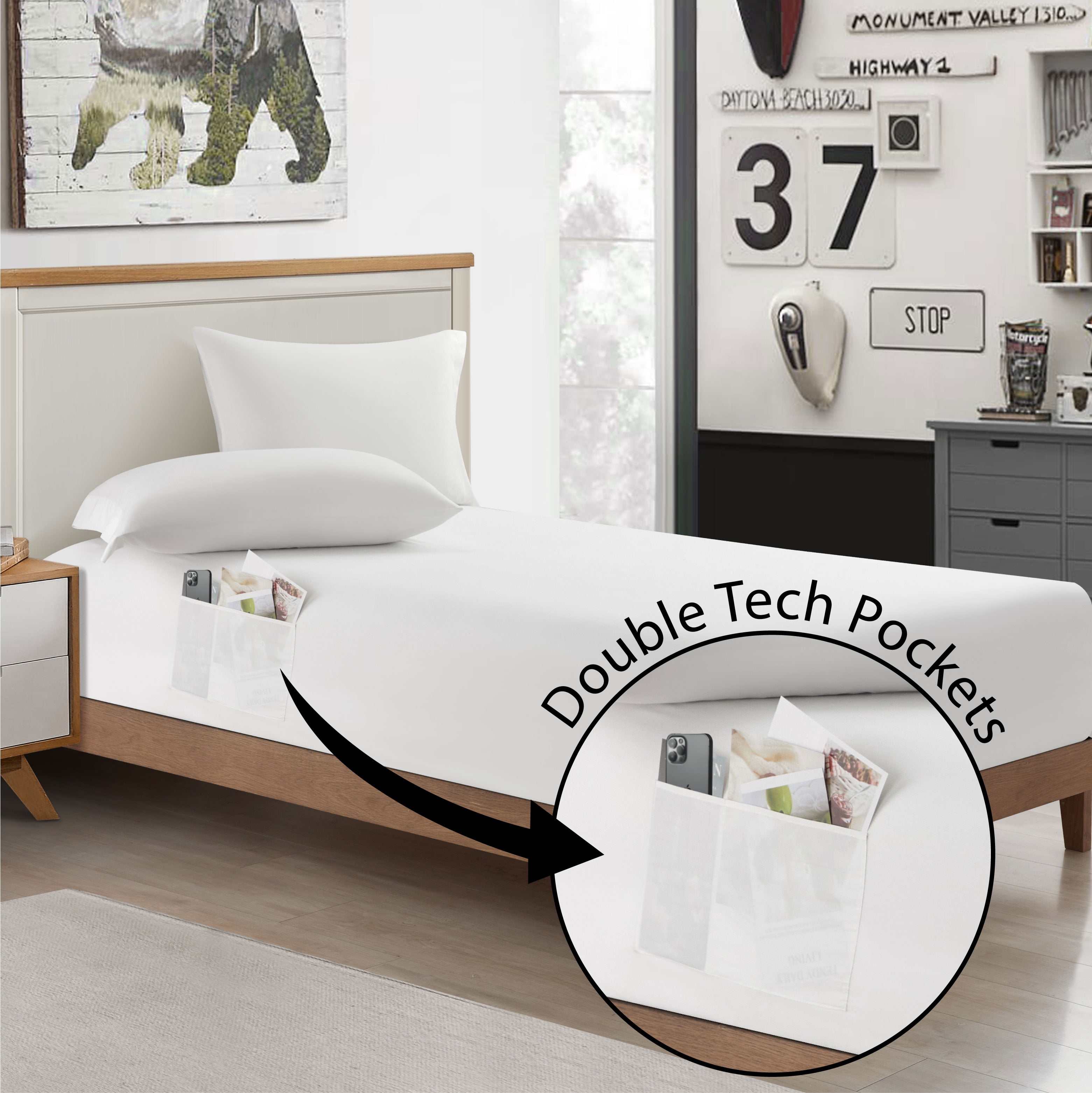 Urban Shop Double Sided Tech Pocket Fitted Sheet with Pillowcase, Queen, White