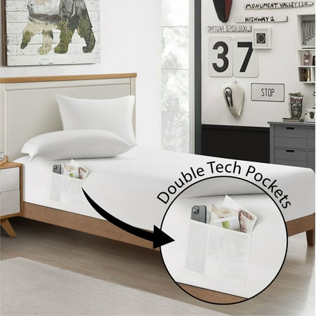 Urban Shop Double Sided Tech Pocket Fitted Sheet with Pillowcase, Twin/XL, White