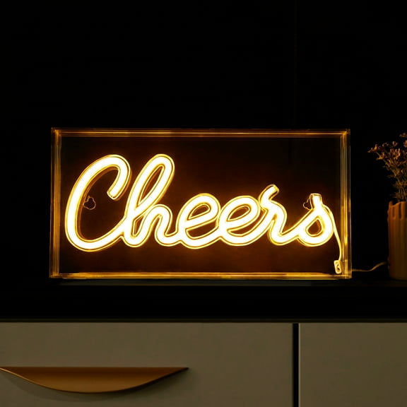 Urban Shop LED Neon Cheers Clear Acrylic Box, Warm White