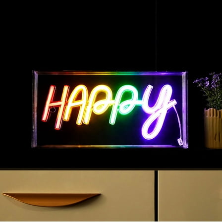 Urban Shop LED Neon Happy Light-up Clear Acrylic Box, Rainbow