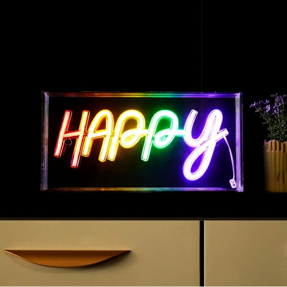 Urban Shop LED Neon Happy Light-up Clear Acrylic Box, Rainbow