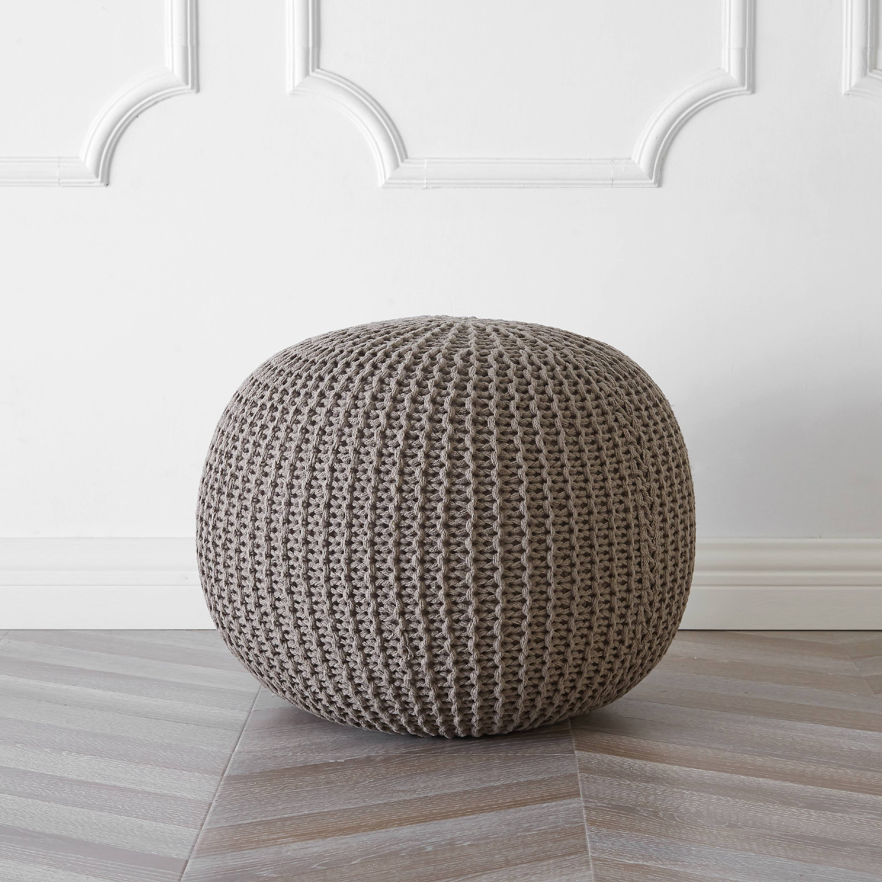 Urban Shop Round Solid Knit Polyester Pouf, Beige