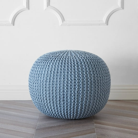 Urban Shop Round Solid Knit Polyester Pouf, Blue