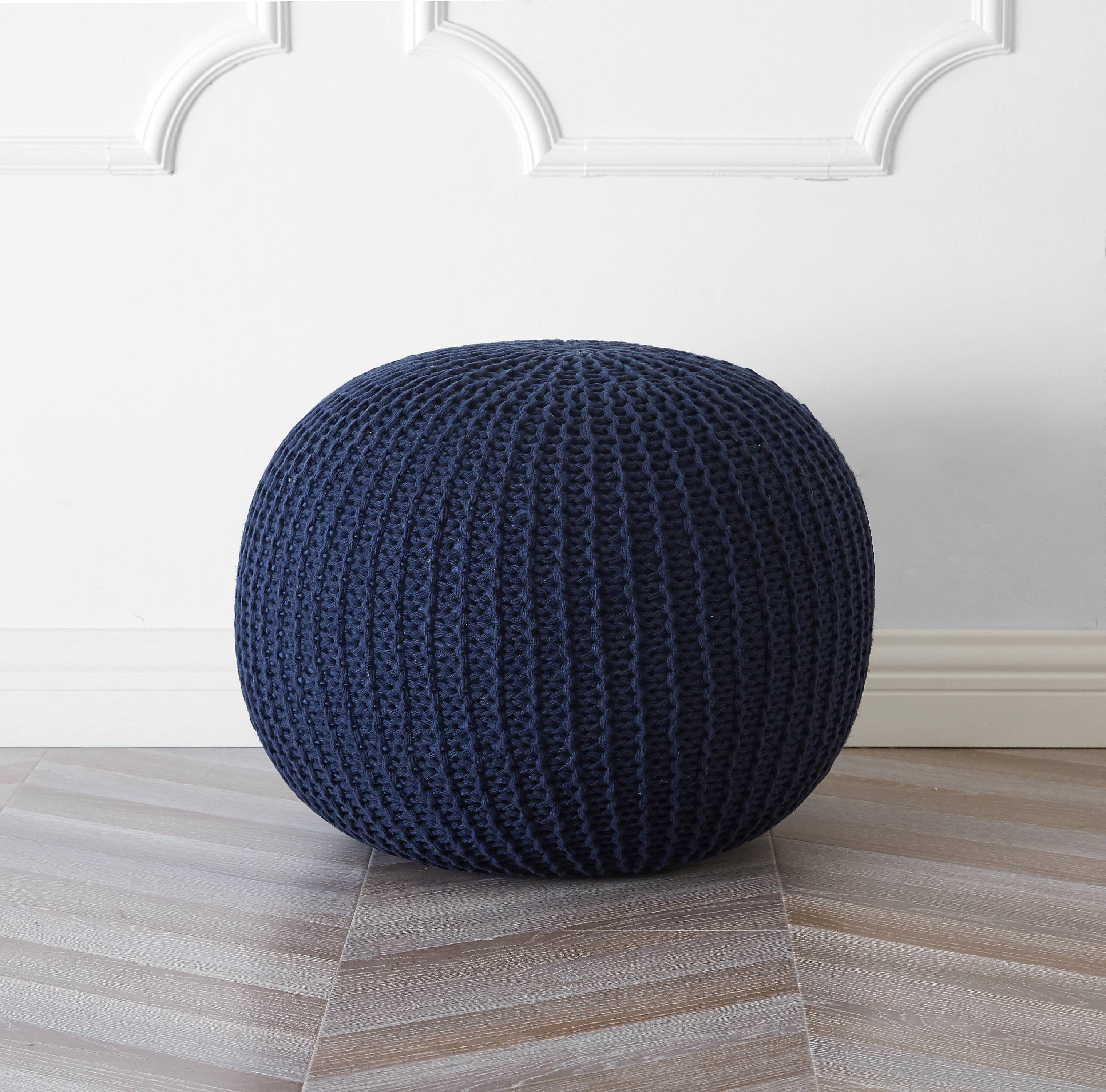 Navy Round Knit Cotton Pouf with Storage